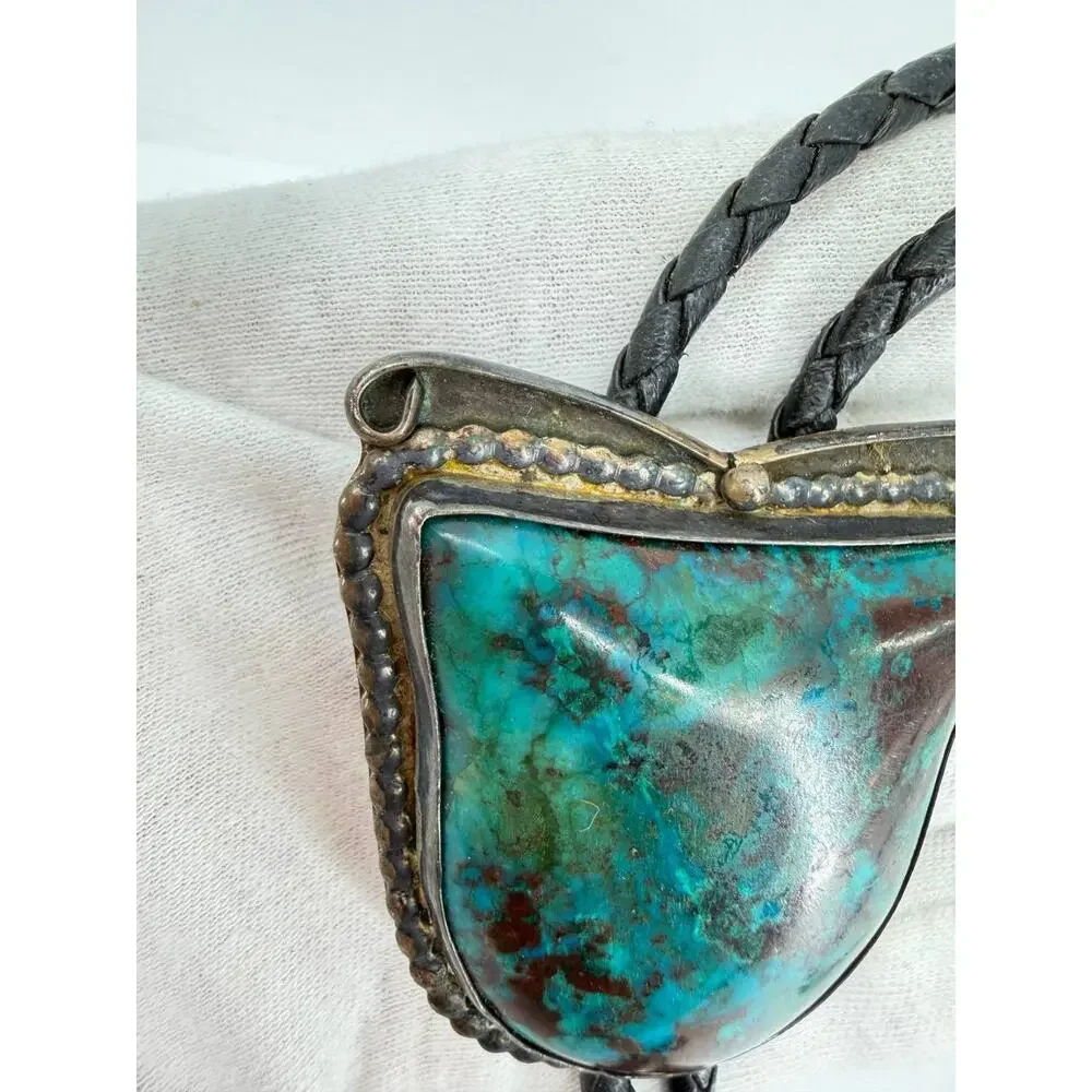 Vintage Sterling Silver Turquoise Bolo Tie Leather Cord Southwestern 59.2g